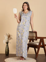 Saheli Sleeveless Nighty for Women in Grey Floral Rayon with Pocket