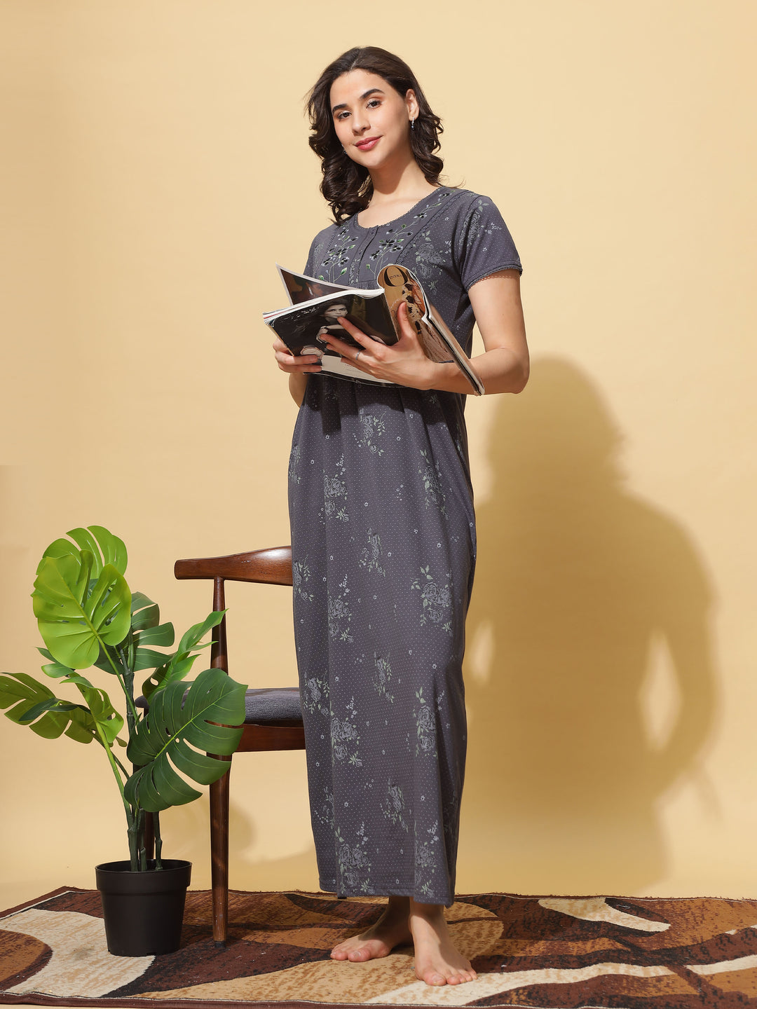Embroidered Grey Front Open Nighty for Women