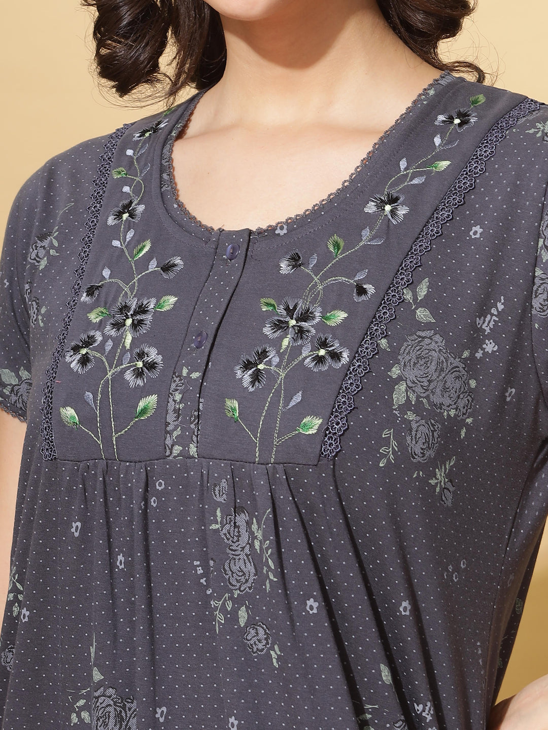Embroidered Grey Front Open Nighty for Women