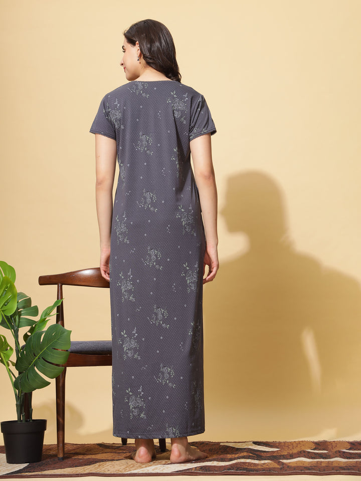 Embroidered Grey Front Open Nighty for Women