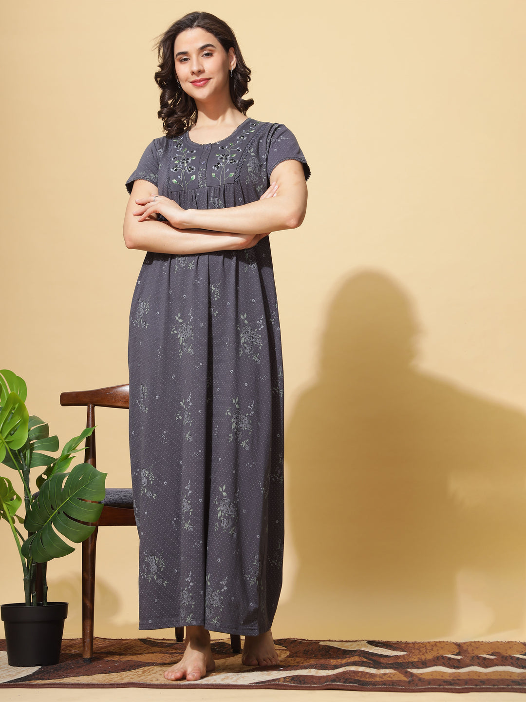 Embroidered Grey Front Open Nighty for Women