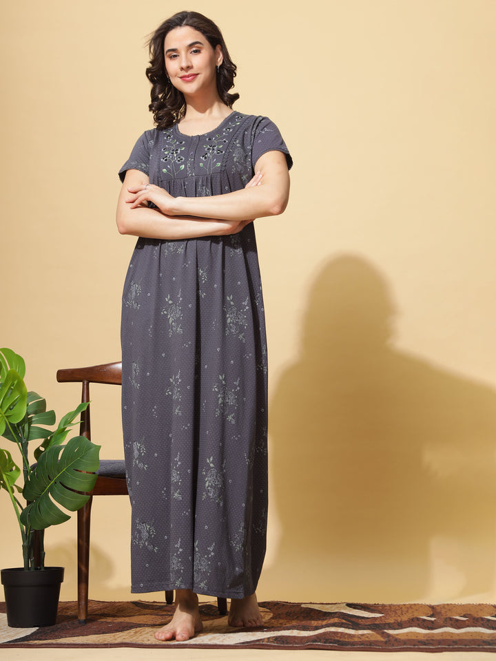Embroidered Grey Front Open Nighty for Women