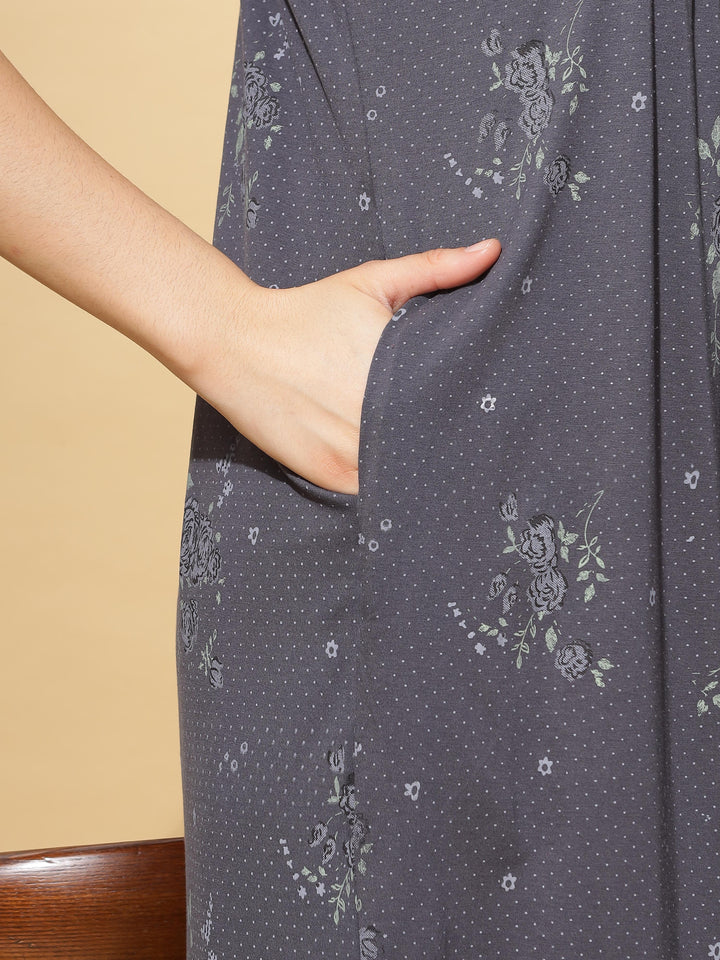 Embroidered Grey Front Open Nighty for Women