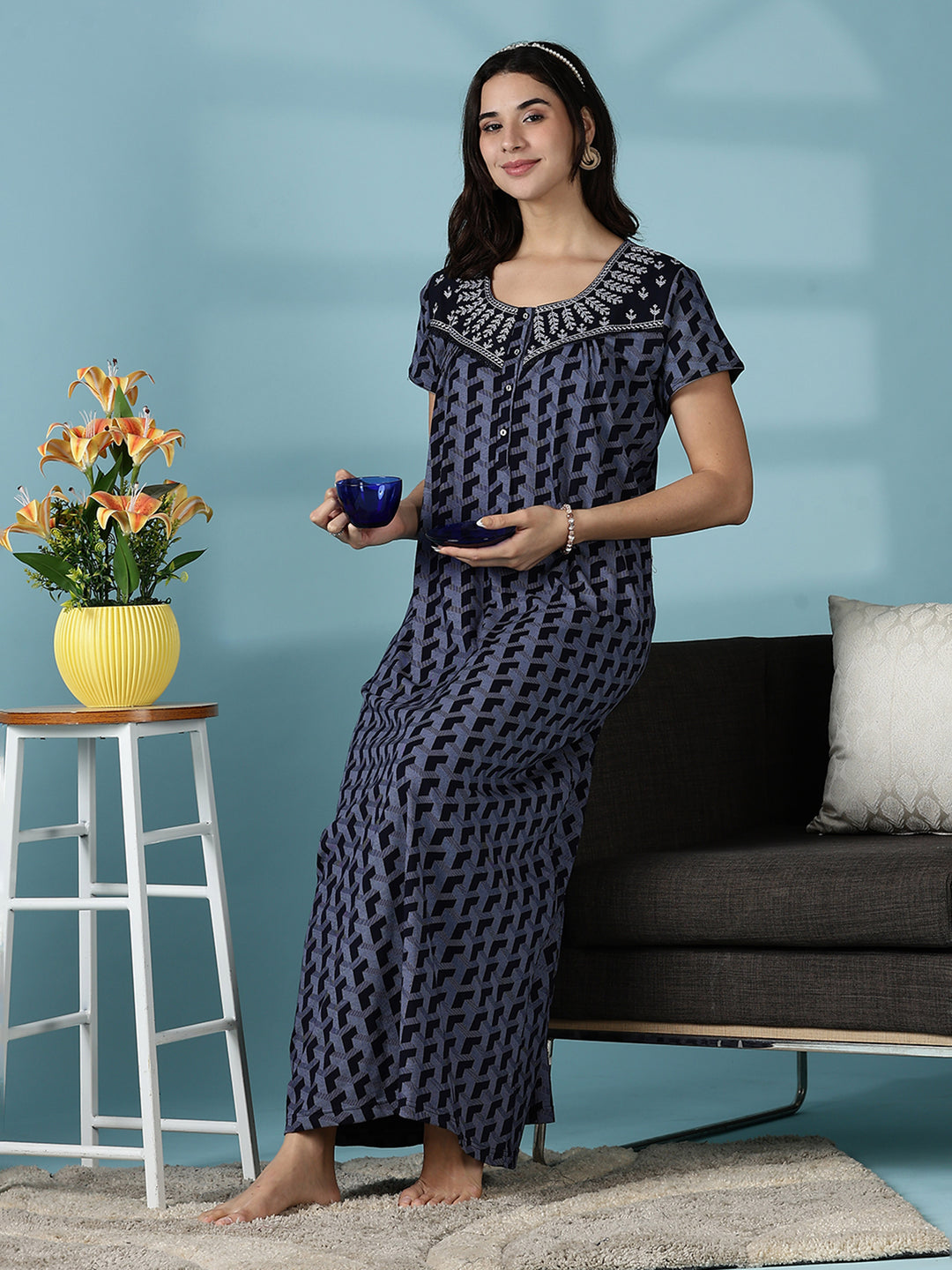 Grey Hosiery Cotton Designer Branded Nighty for Women