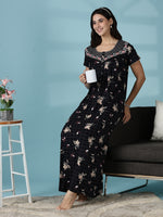 Hosiery Cotton Floral Checkered Designer Nighty for Women in Black
