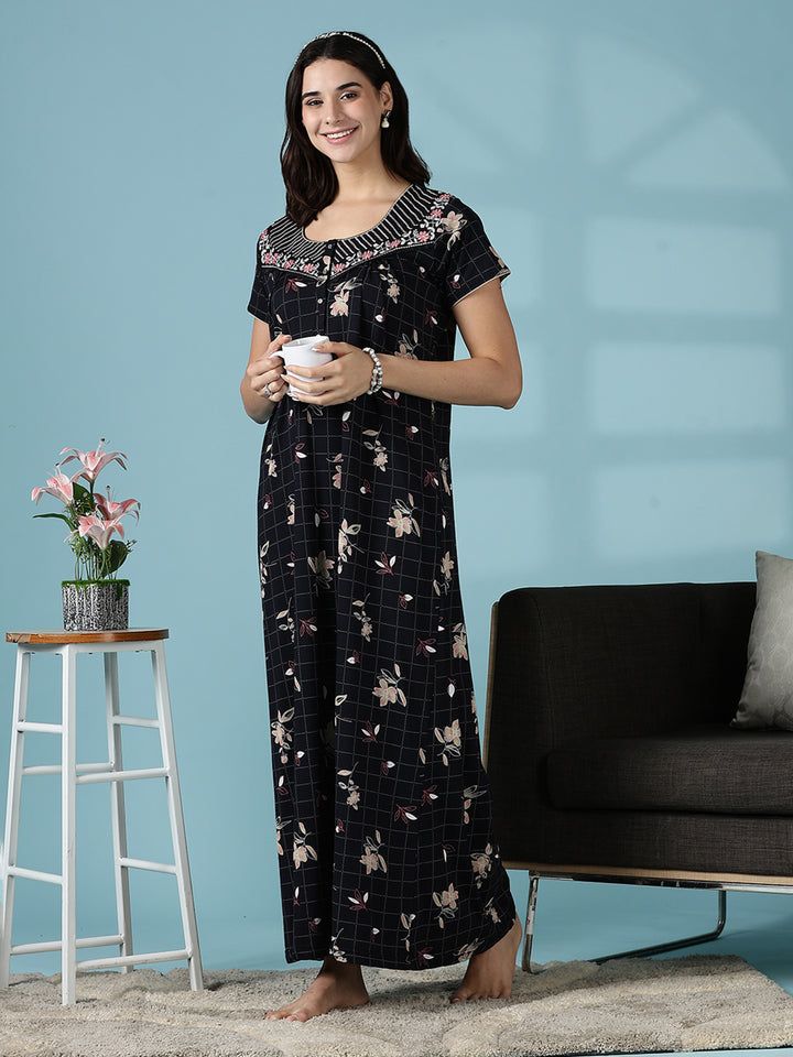Hosiery Cotton Black Floral Designer Nighty Dress for Women