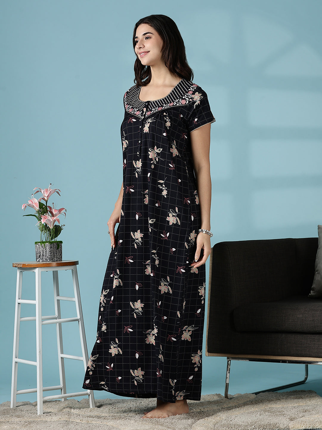 Hosiery Cotton Black Floral Designer Nighty Dress for Women