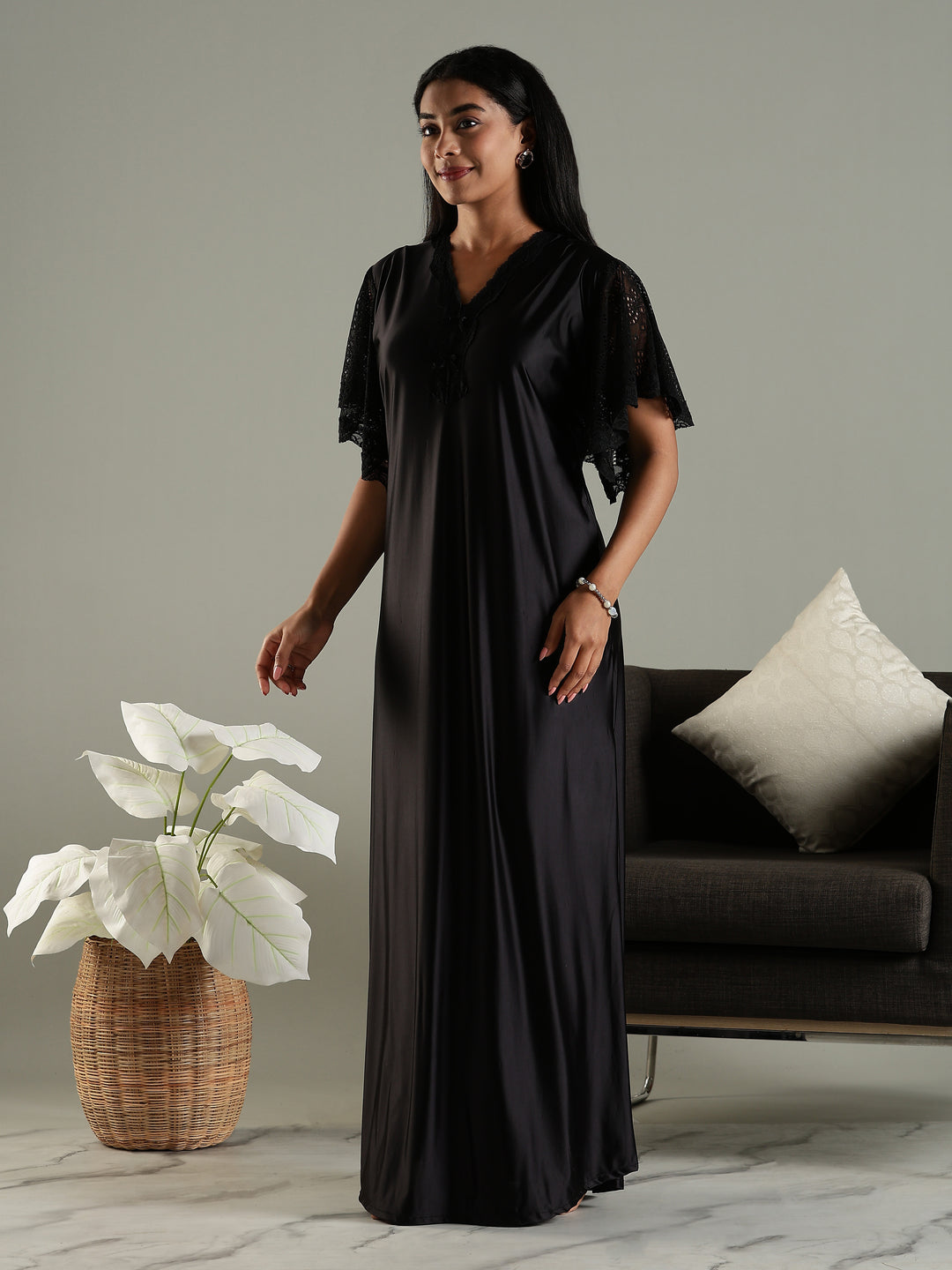 Luxe Black Satin Nighty with Designer Lace and V-Neck Bow