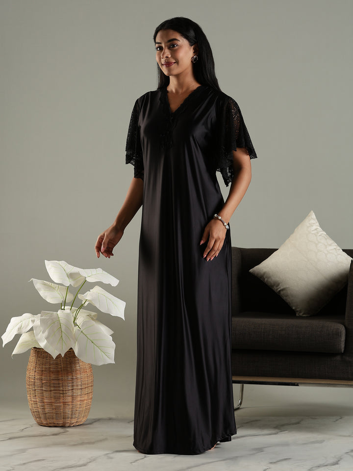 Luxe Black Satin Nighty with Designer Lace and V-Neck Bow