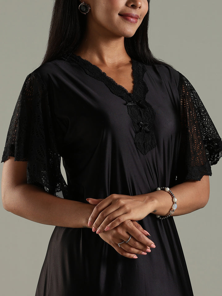 Luxe Black Satin Nighty with Designer Lace and V-Neck Bow