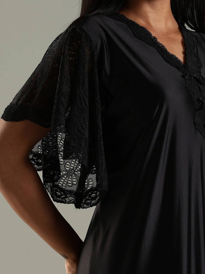 Luxe Black Satin Nighty with Designer Lace and V-Neck Bow