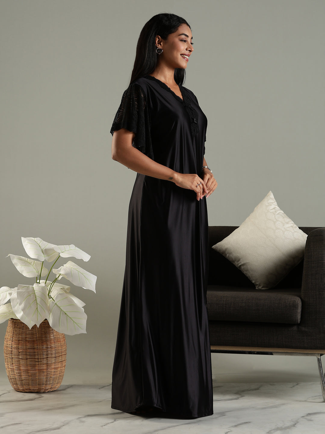 Luxe Black Satin Nighty with Designer Lace and V-Neck Bow