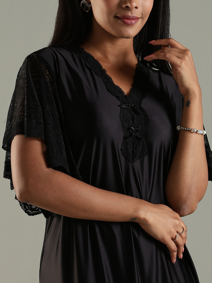 Luxe Black Satin Nighty with Designer Lace and V-Neck Bow