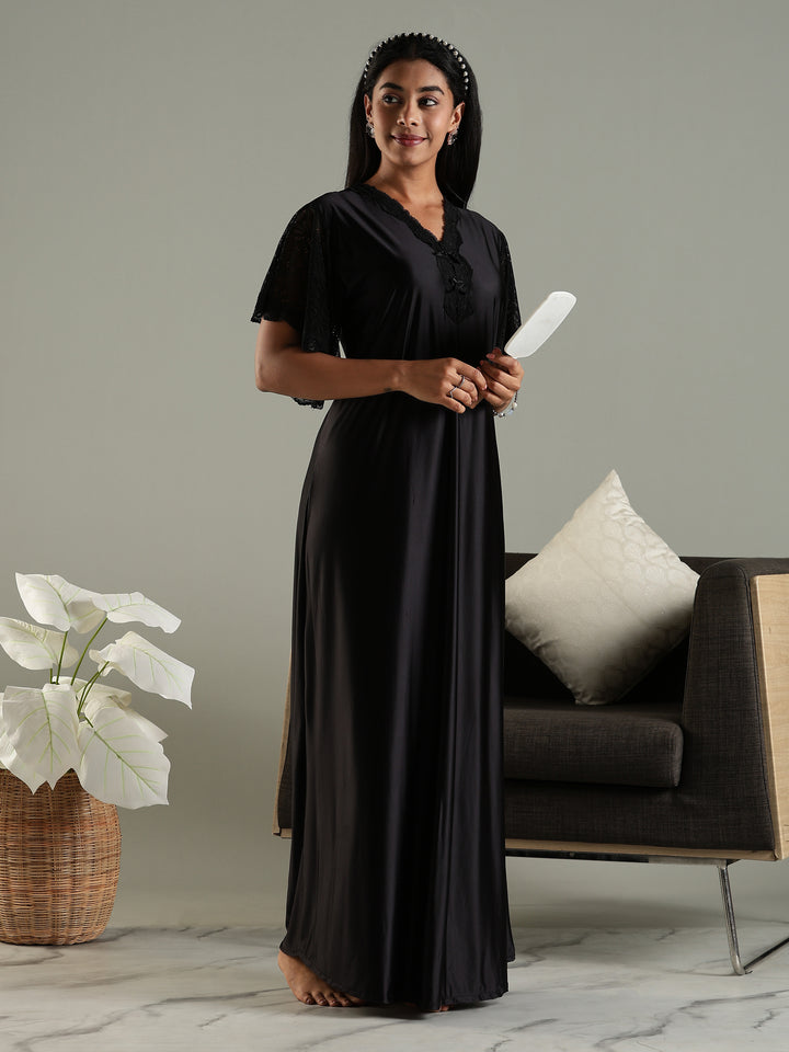 Luxe Black Satin Nighty with Designer Lace and V-Neck Bow