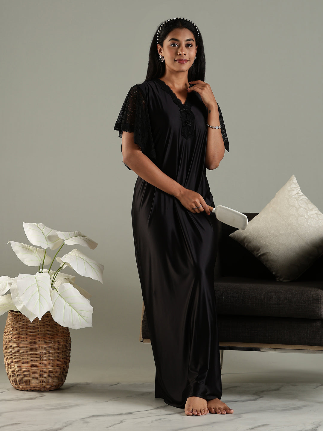 Luxe Black Satin Nighty with Designer Lace and V-Neck Bow