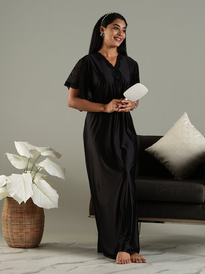 Luxe Black Satin Nighty with Designer Lace and V-Neck Bow