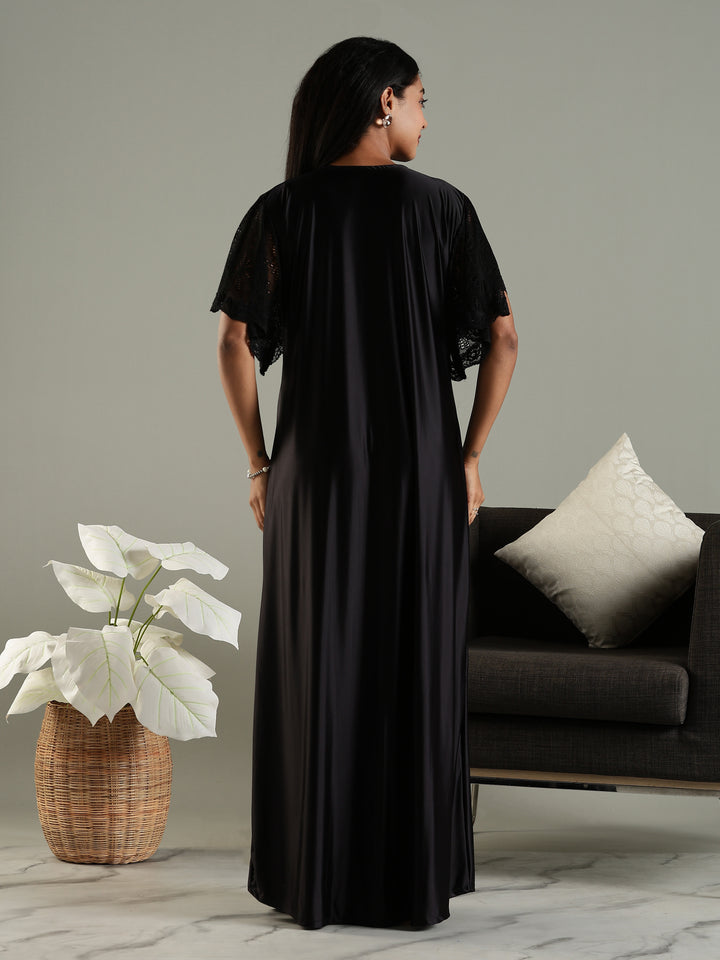 Luxe Black Satin Nighty with Designer Lace and V-Neck Bow