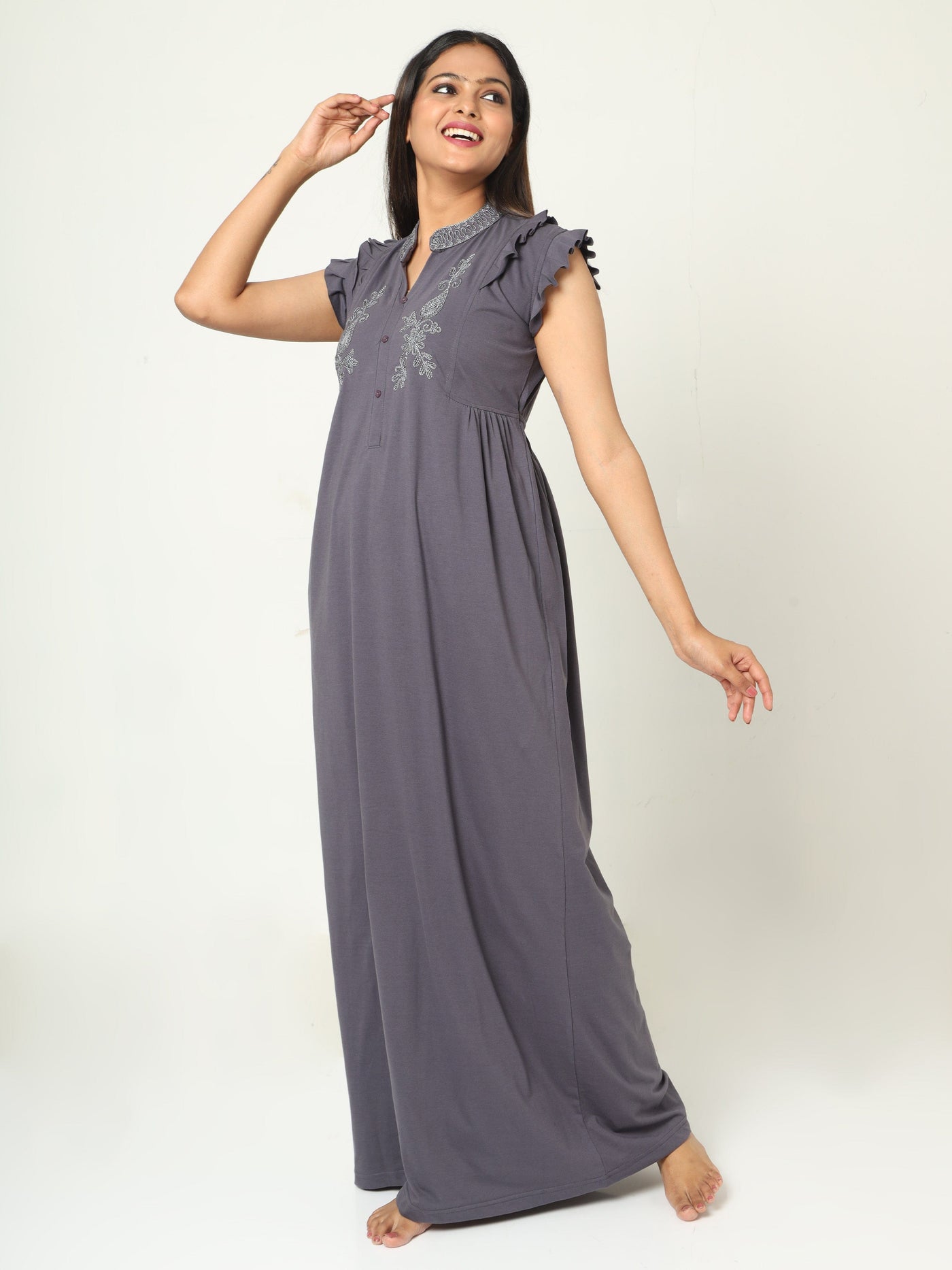 Cotton Blend Designer Nighty Metal Grey