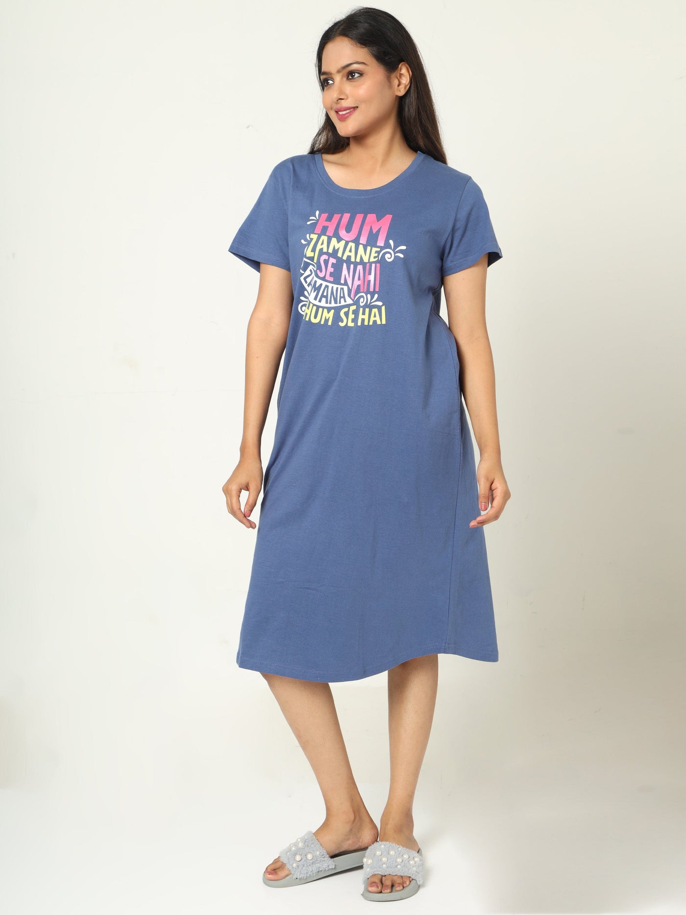 Hosiery Cotton Short Nighty Denim Blue