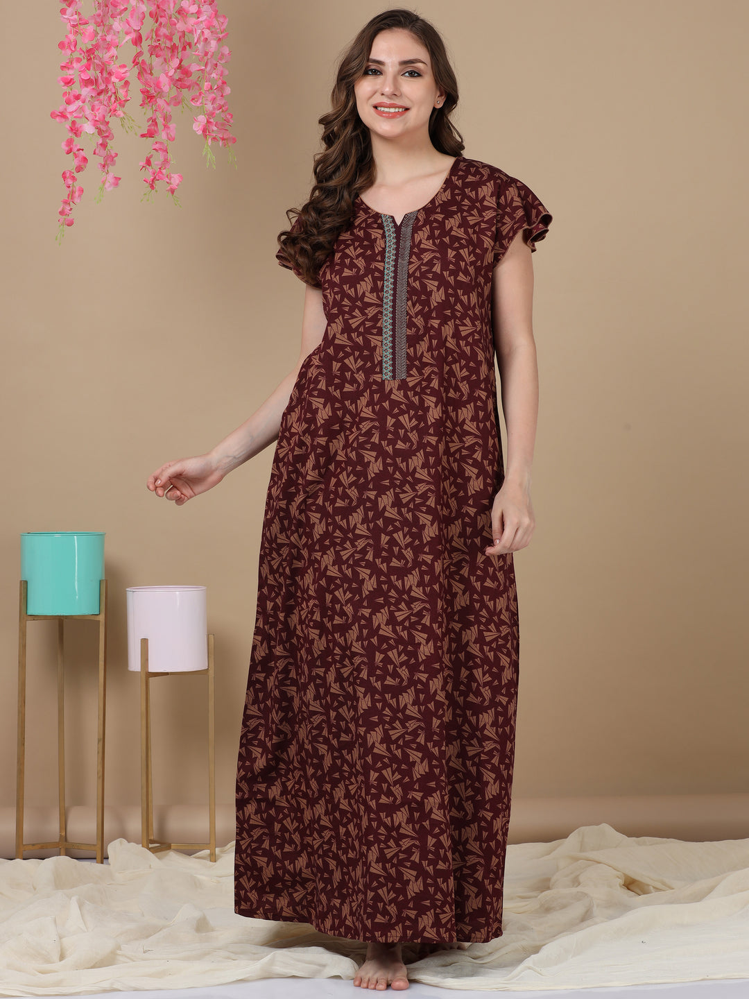  Poly Viscose Nighty  Trendy Poly Viscose Maxi Nightgown in Maroon- 9shines label 