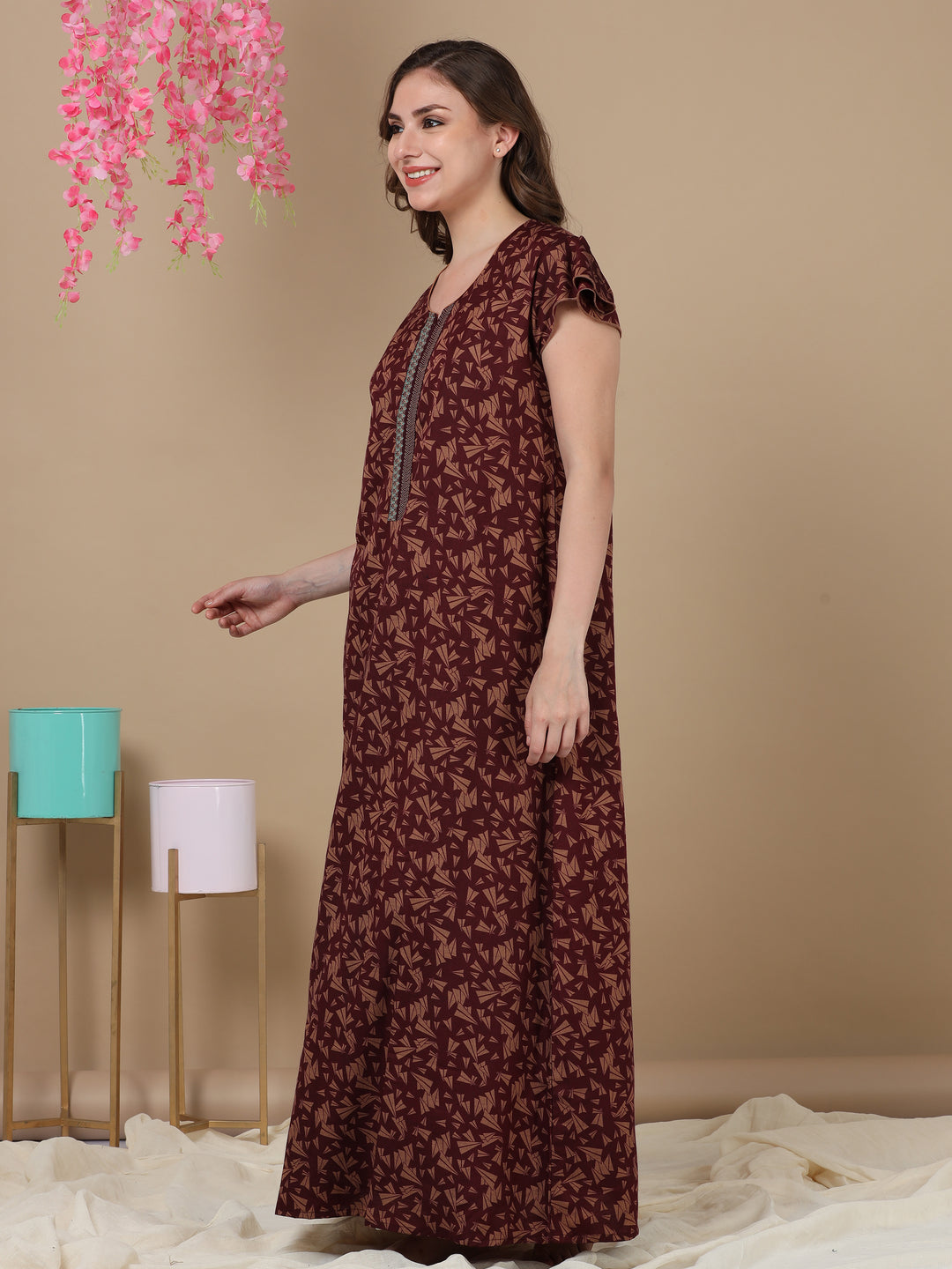  Poly Viscose Nighty  Trendy Poly Viscose Maxi Nightgown in Maroon- 9shines label 