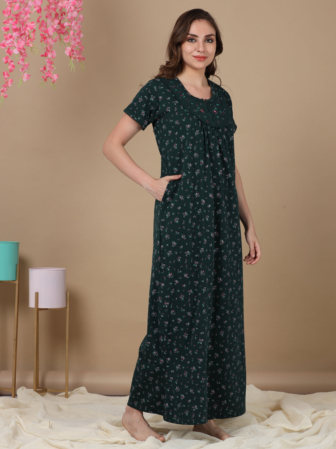  Cotton Blend Nighty  Discover Serenity:Trending Designer Nighty in Dove Green - 9shines label 