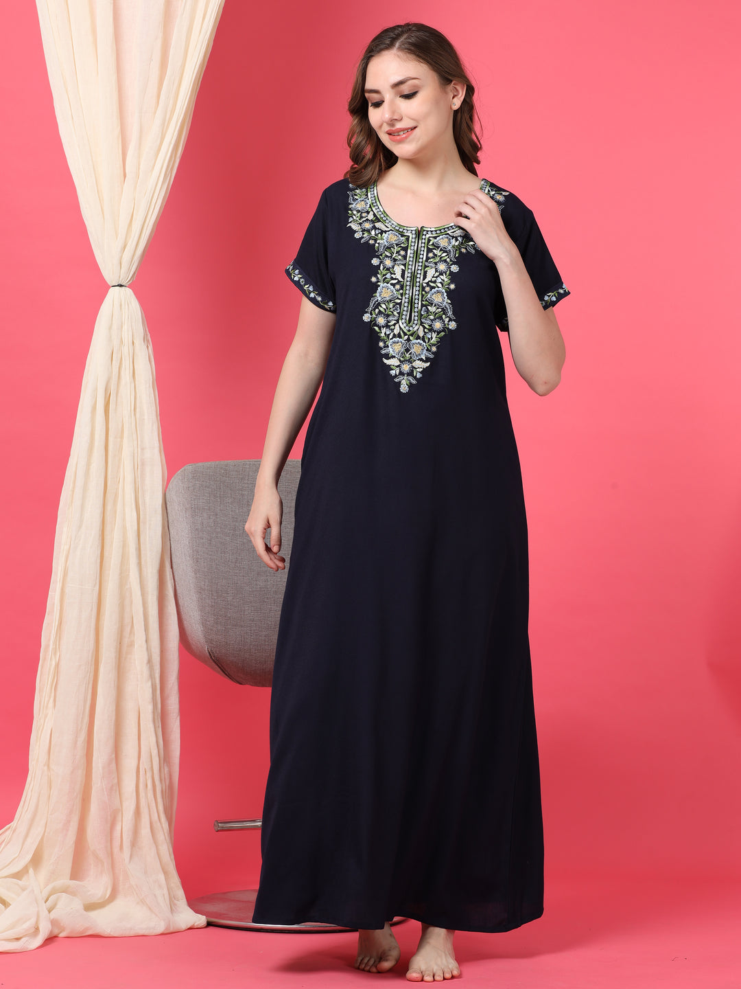  Alpine Nighty  Intricate Embroidery and Designer Flair Navy Blue W.P Nighty- 9shines label 
