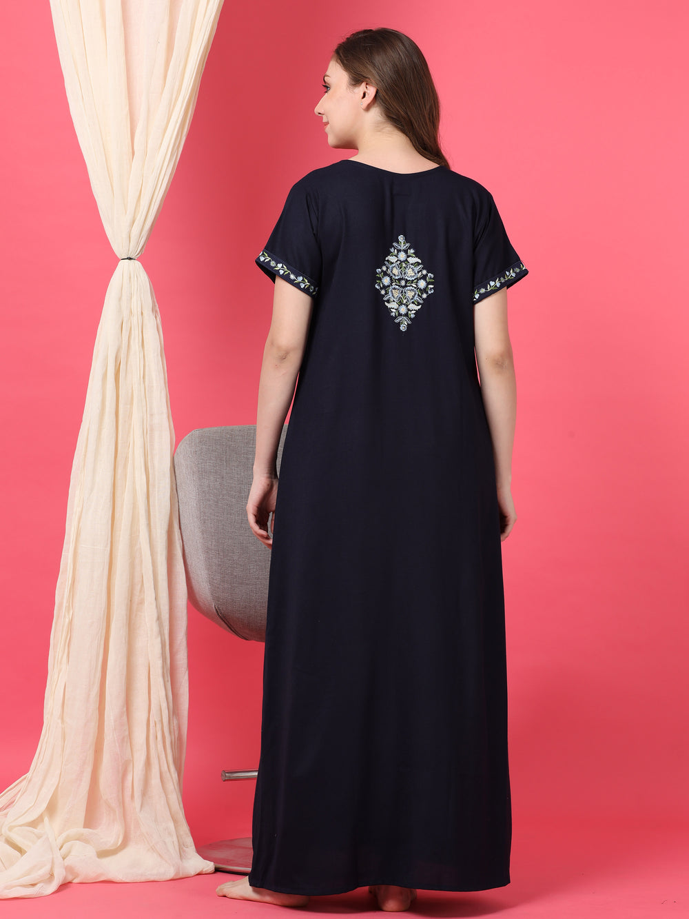  Alpine Nighty  Intricate Embroidery and Designer Flair Navy Blue W.P Nighty- 9shines label 