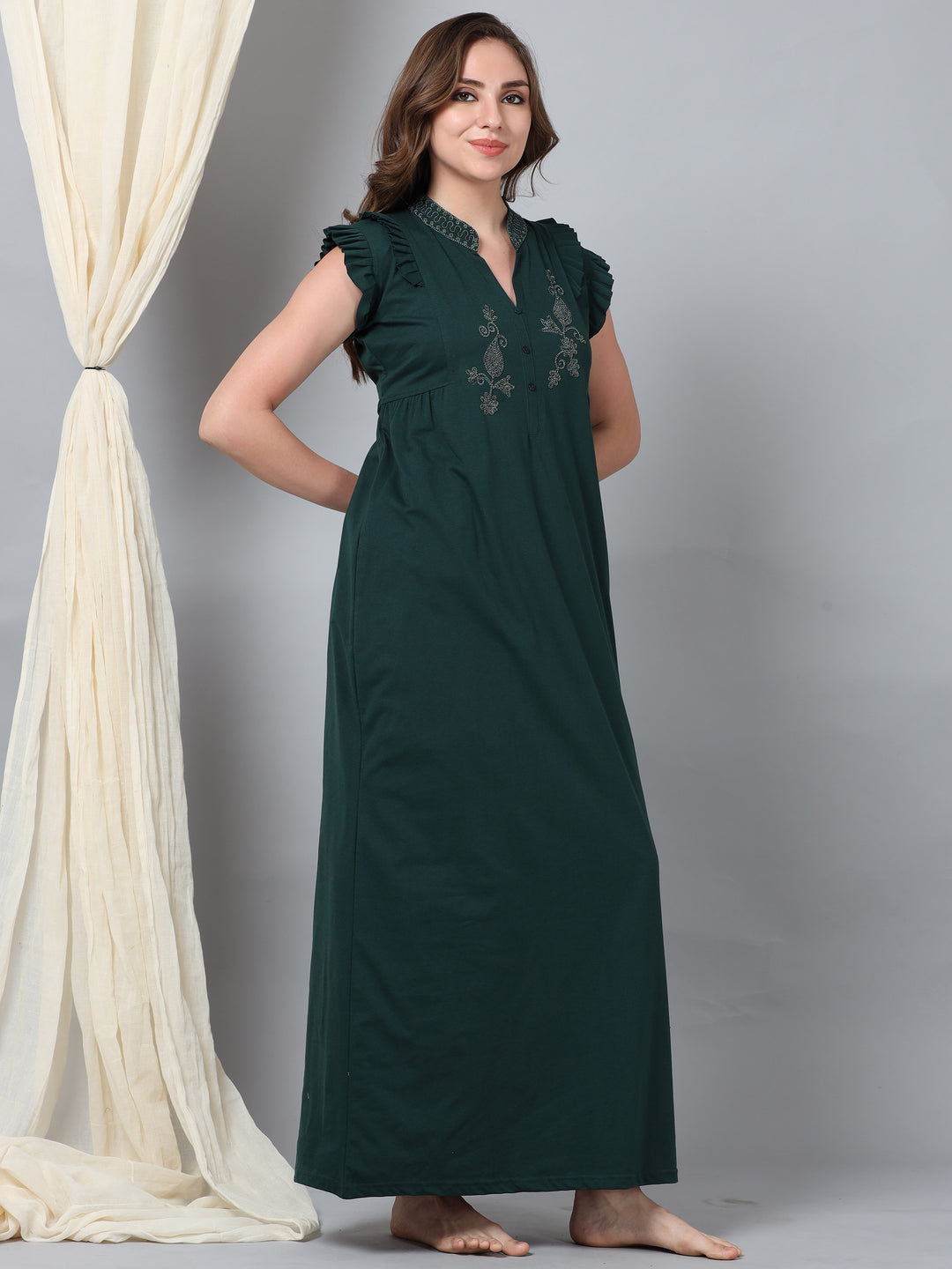 Cotton Blend Nighty  Night Elegance: Cotton Blend Night Gown with Embroidery Neck- 9shines label 