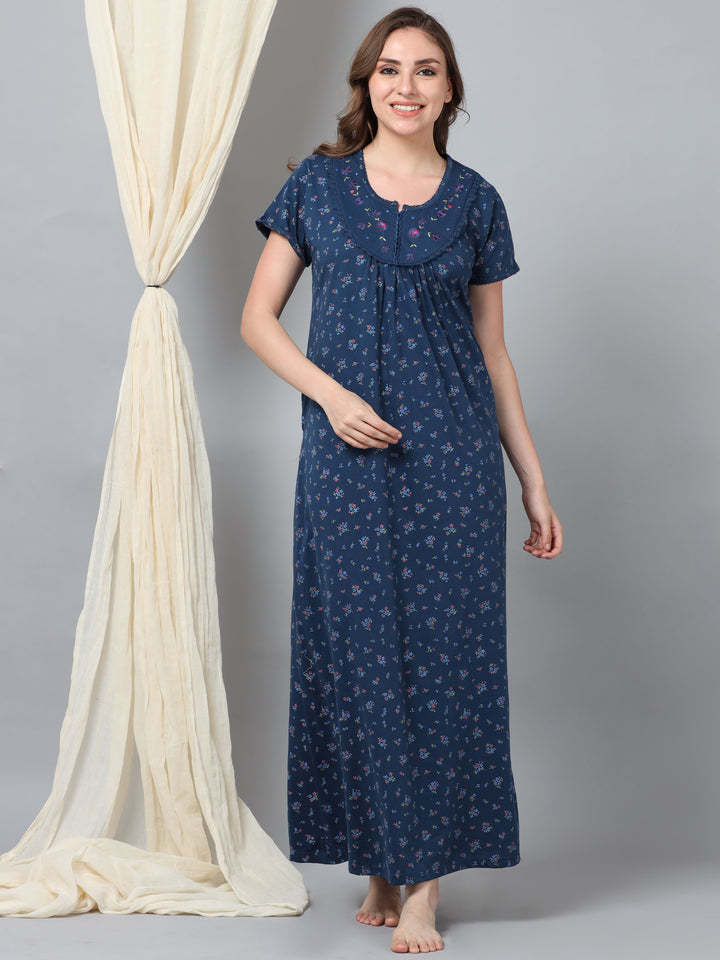  Cotton Blend Nighty  Luxurious Comfort: Lovely Long Gown Jet Blue Designer Wear- 9shines label 