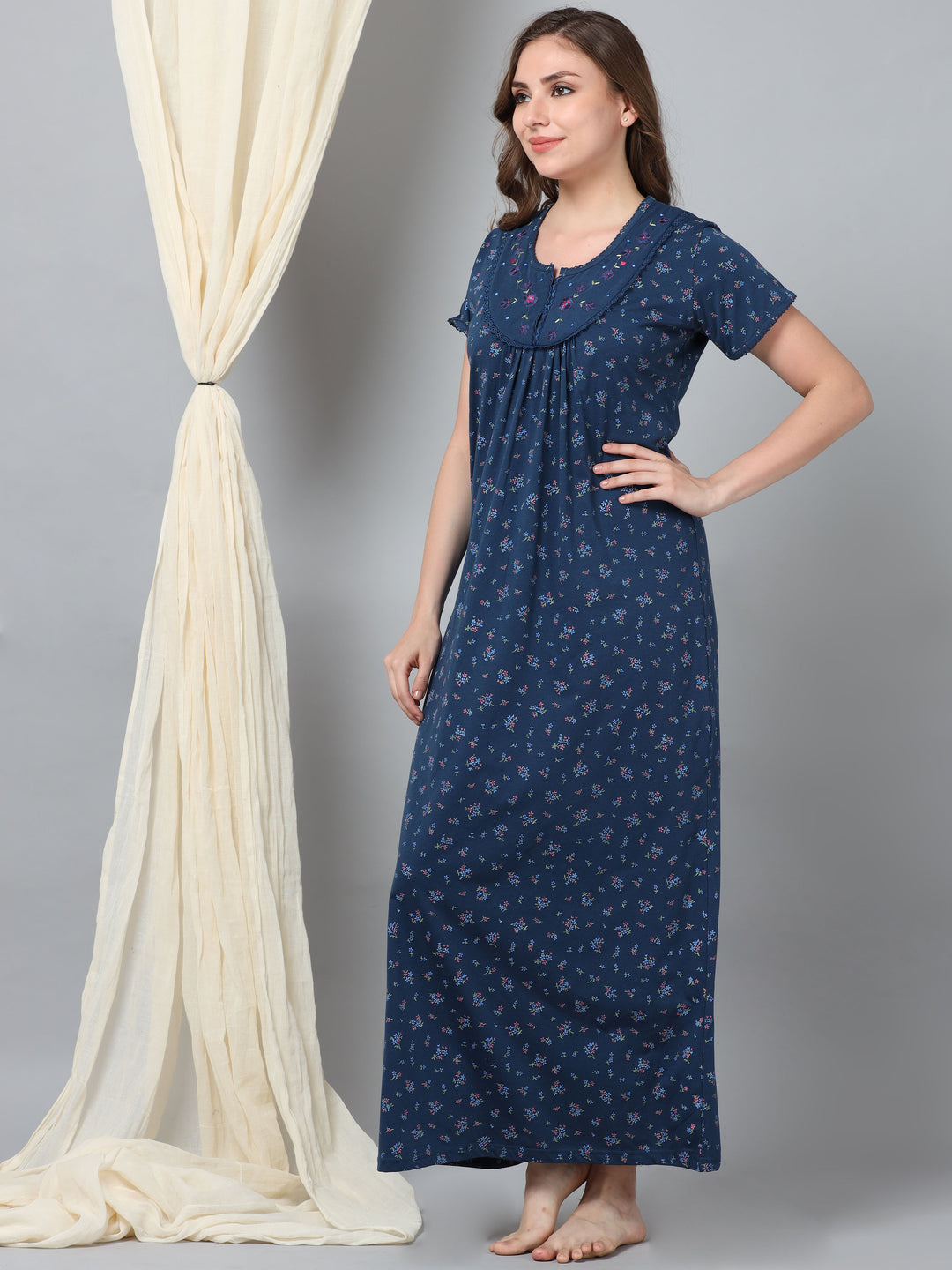  Cotton Blend Nighty  Luxurious Comfort: Lovely Long Gown Jet Blue Designer Wear- 9shines label 