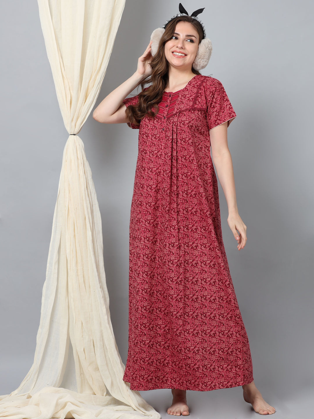 Micro Poly Viscose Nighty  Discover Luxury Red: Half Sleeve Long Gown Lightweight Bliss- 9shines label 