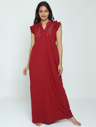 Cotton Blend Designer Nighty Deep Red