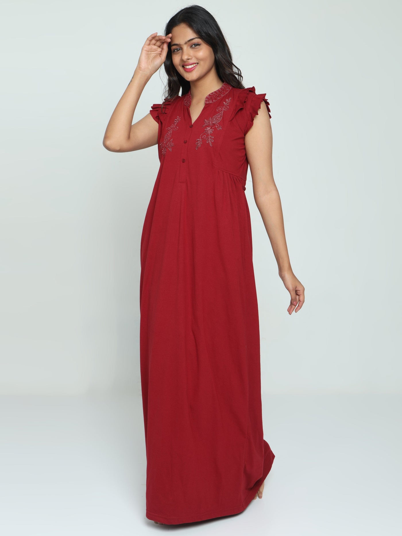 Cotton Blend Designer Nighty Deep Red