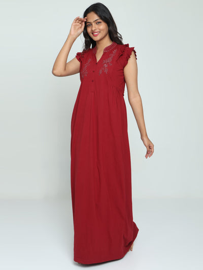 Cotton Blend Designer Nighty Deep Red