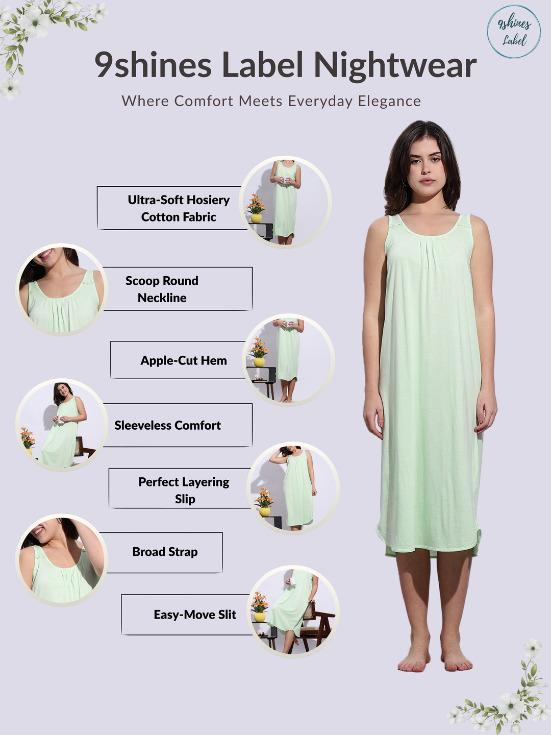 Mint Green Sleeveless A Line Cotton Hosiery Nighty Slip for Women