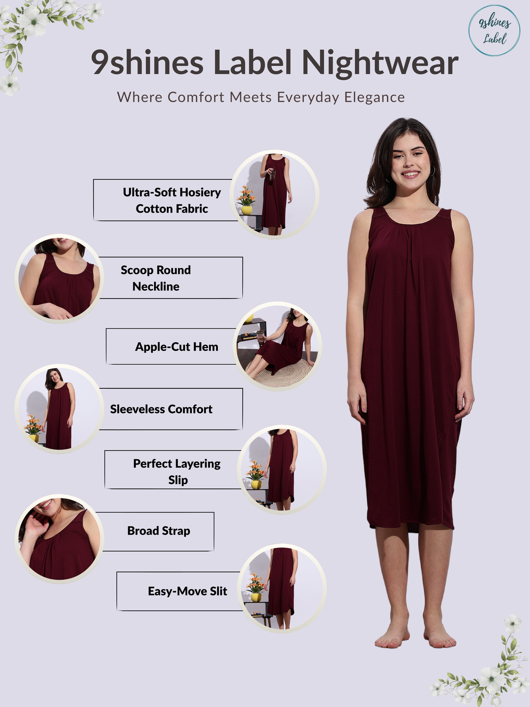 Maroon Sleeveless A Line Hosiery Cotton Nighty Slip for Women