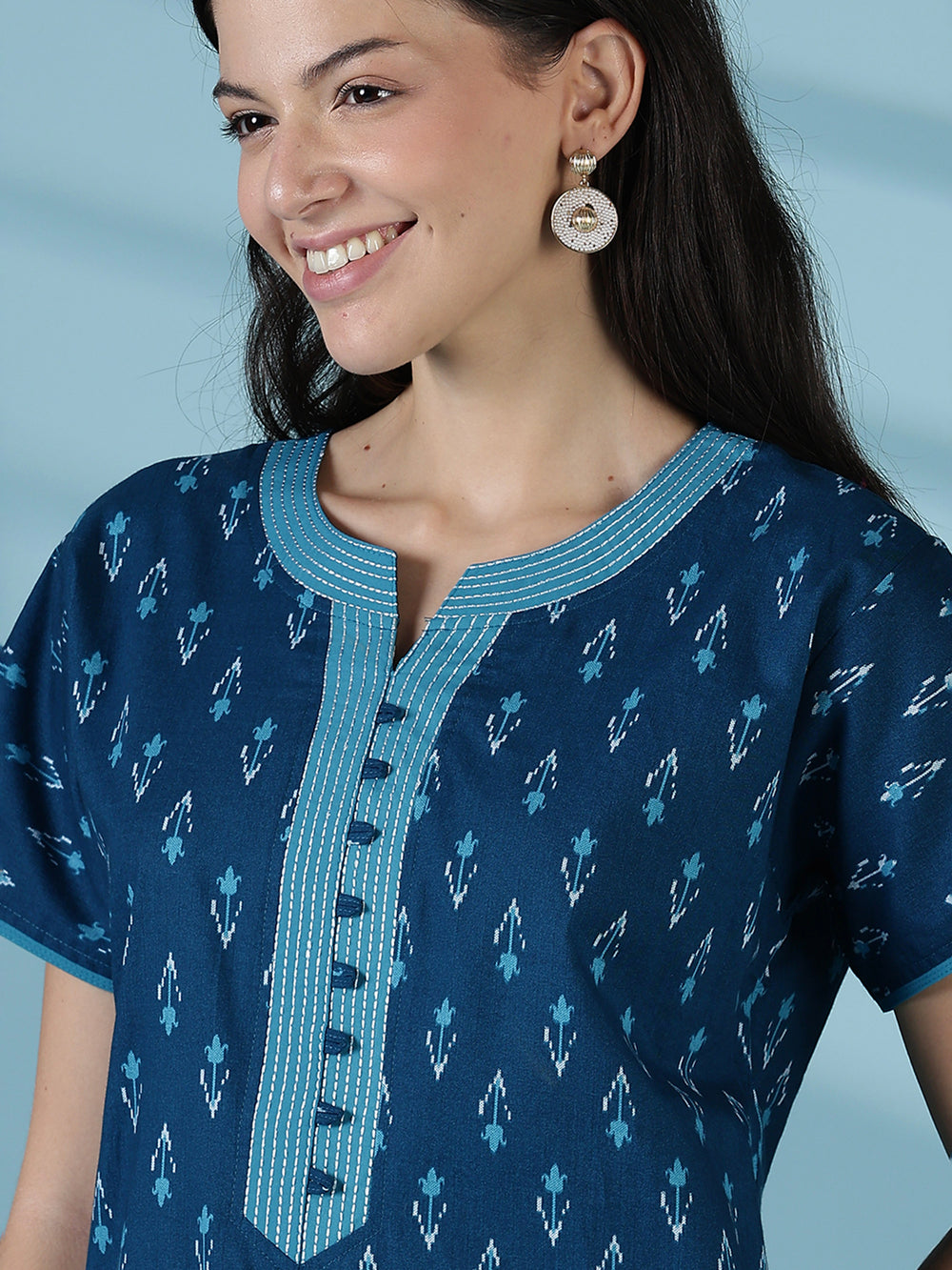 Ikat print a line relaxed fit cotton nighty dress for women