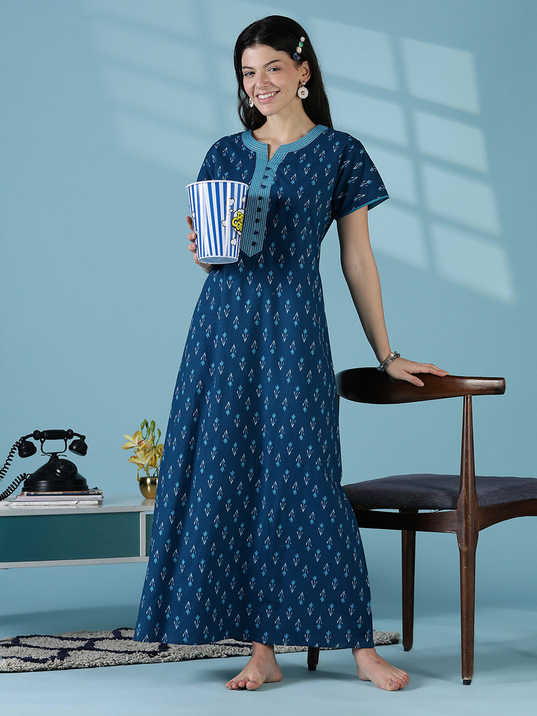 Ikat print a line relaxed fit cotton nighty dress for women