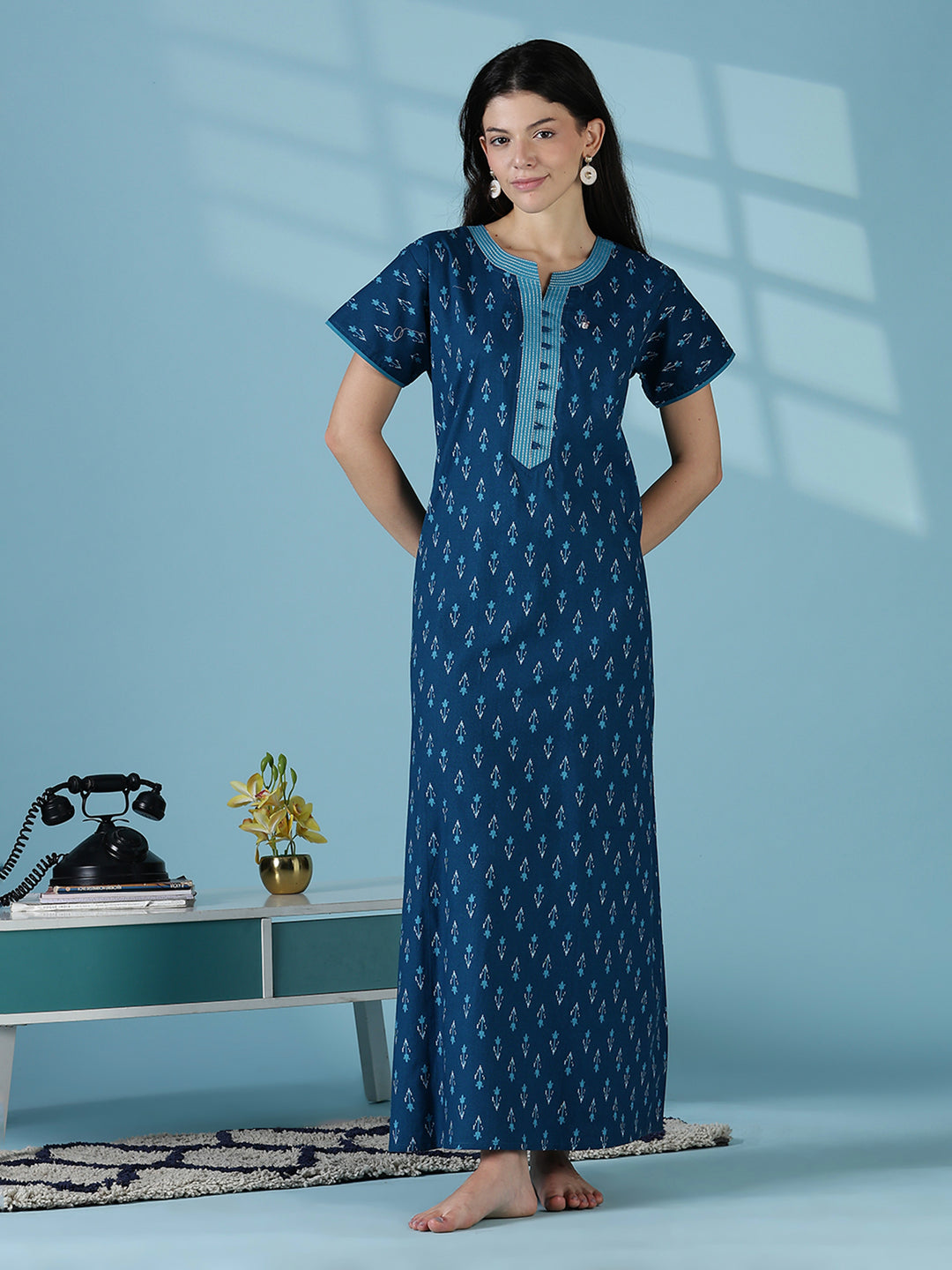 Ikat print a line relaxed fit cotton nighty dress for women