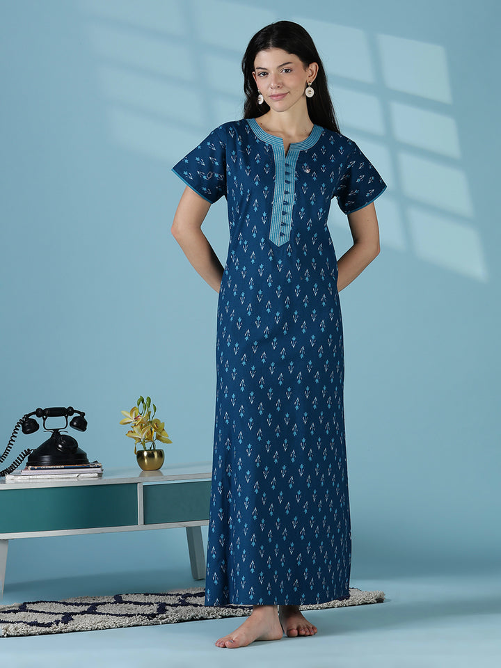 Ikat print a line relaxed fit cotton nighty dress for women