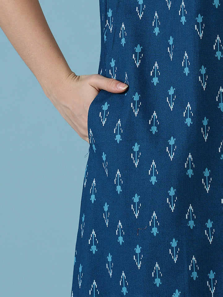 Ikat print a line relaxed fit cotton nighty dress for women