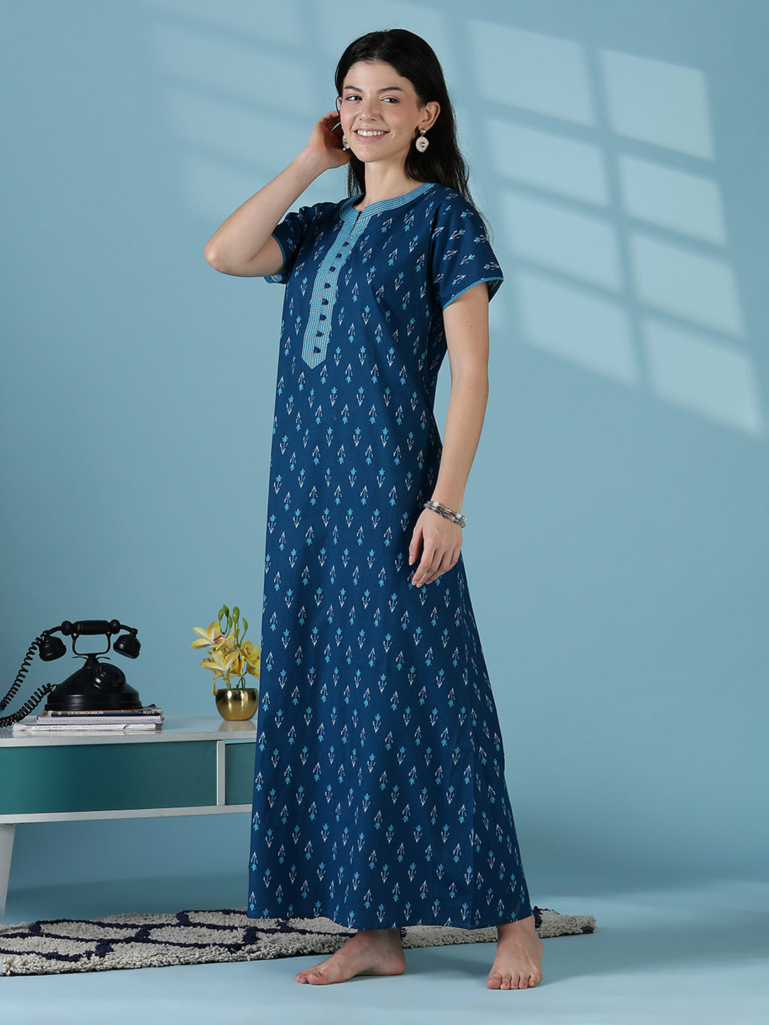 Ikat print a line relaxed fit cotton nighty dress for women