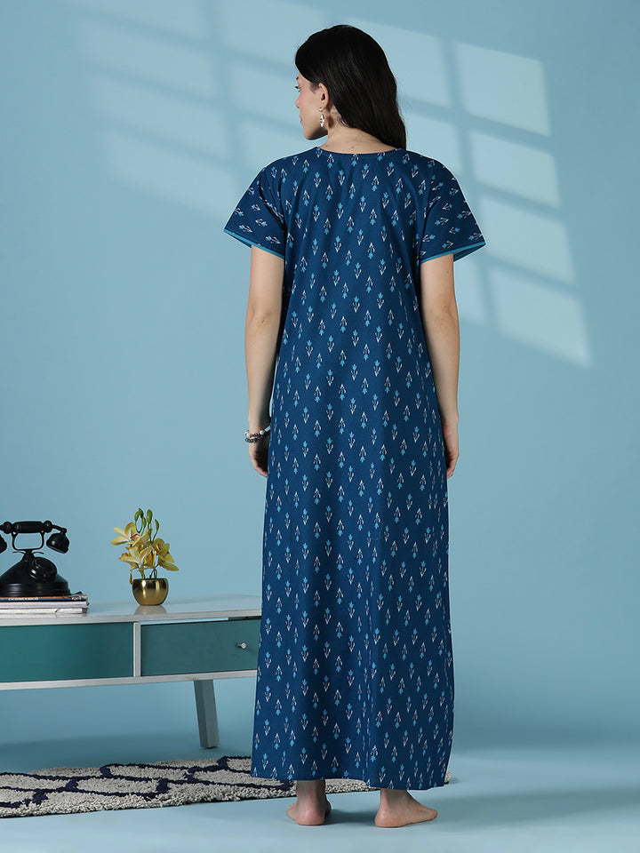 Ikat print a line relaxed fit cotton nighty dress for women