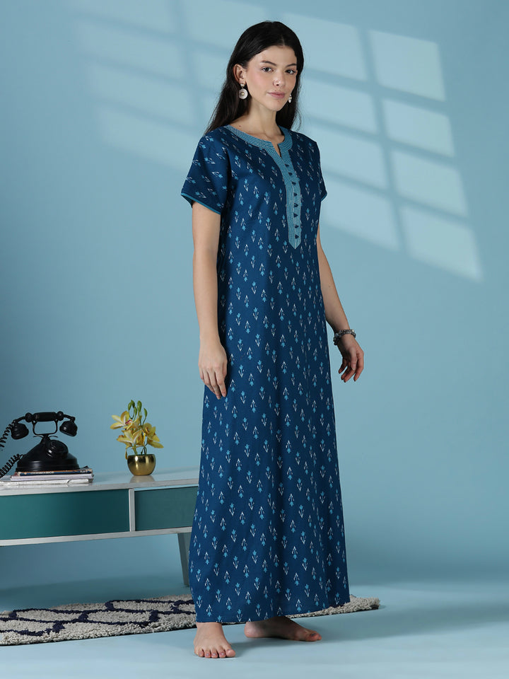 Ikat print a line relaxed fit cotton nighty dress for women