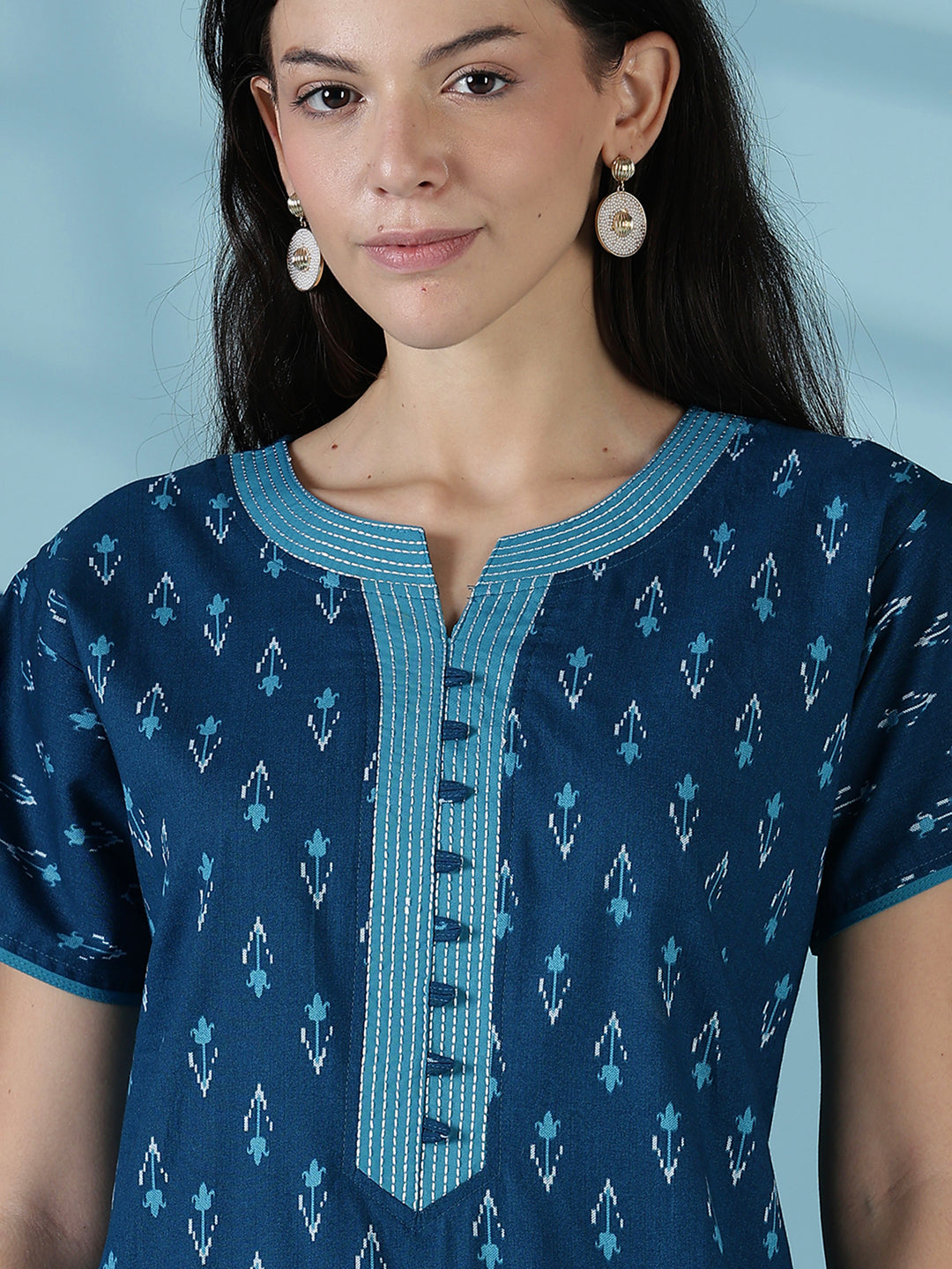 Ikat print a line relaxed fit cotton nighty dress for women