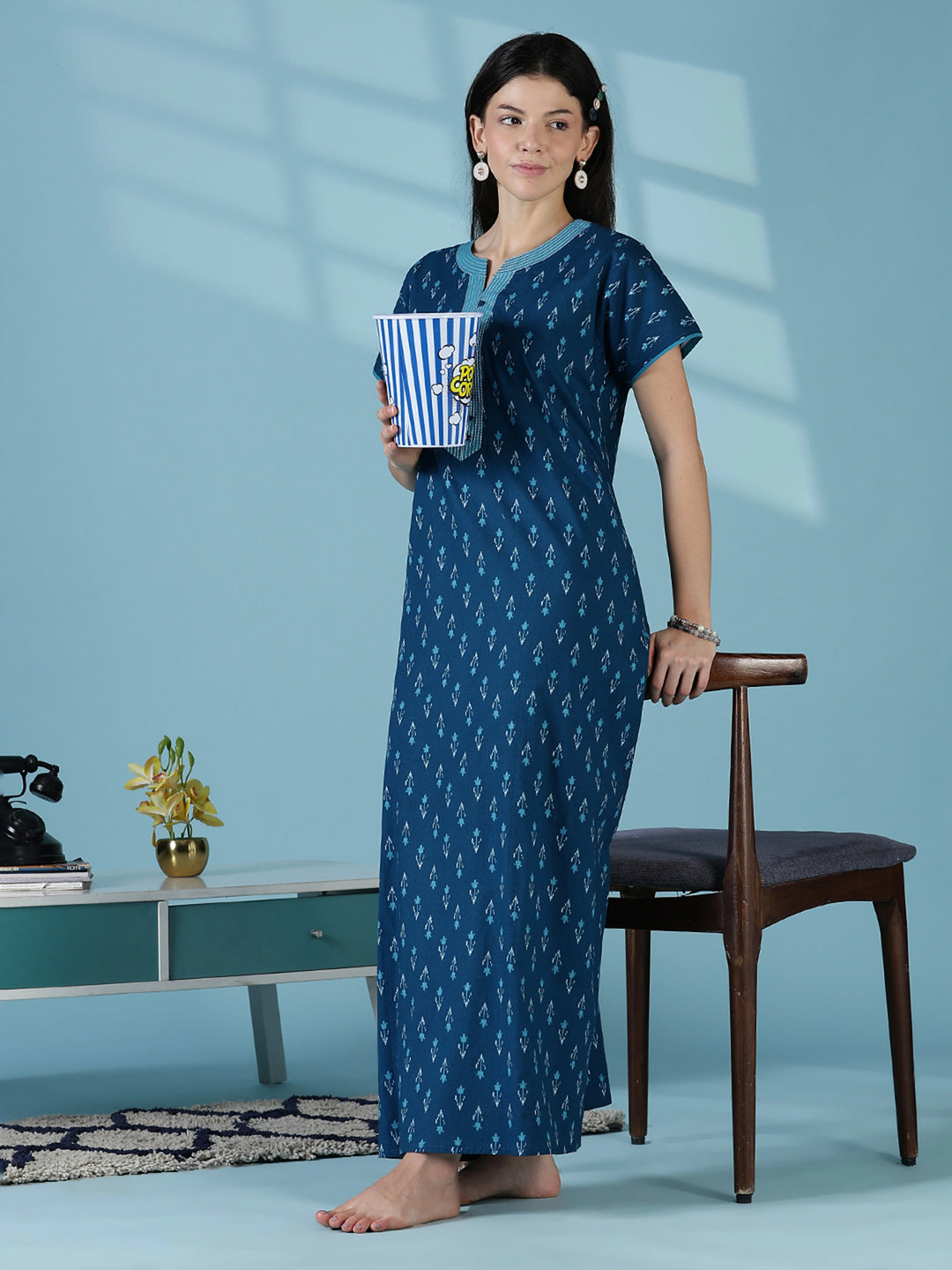 Ikat print a line relaxed fit cotton nighty dress for women