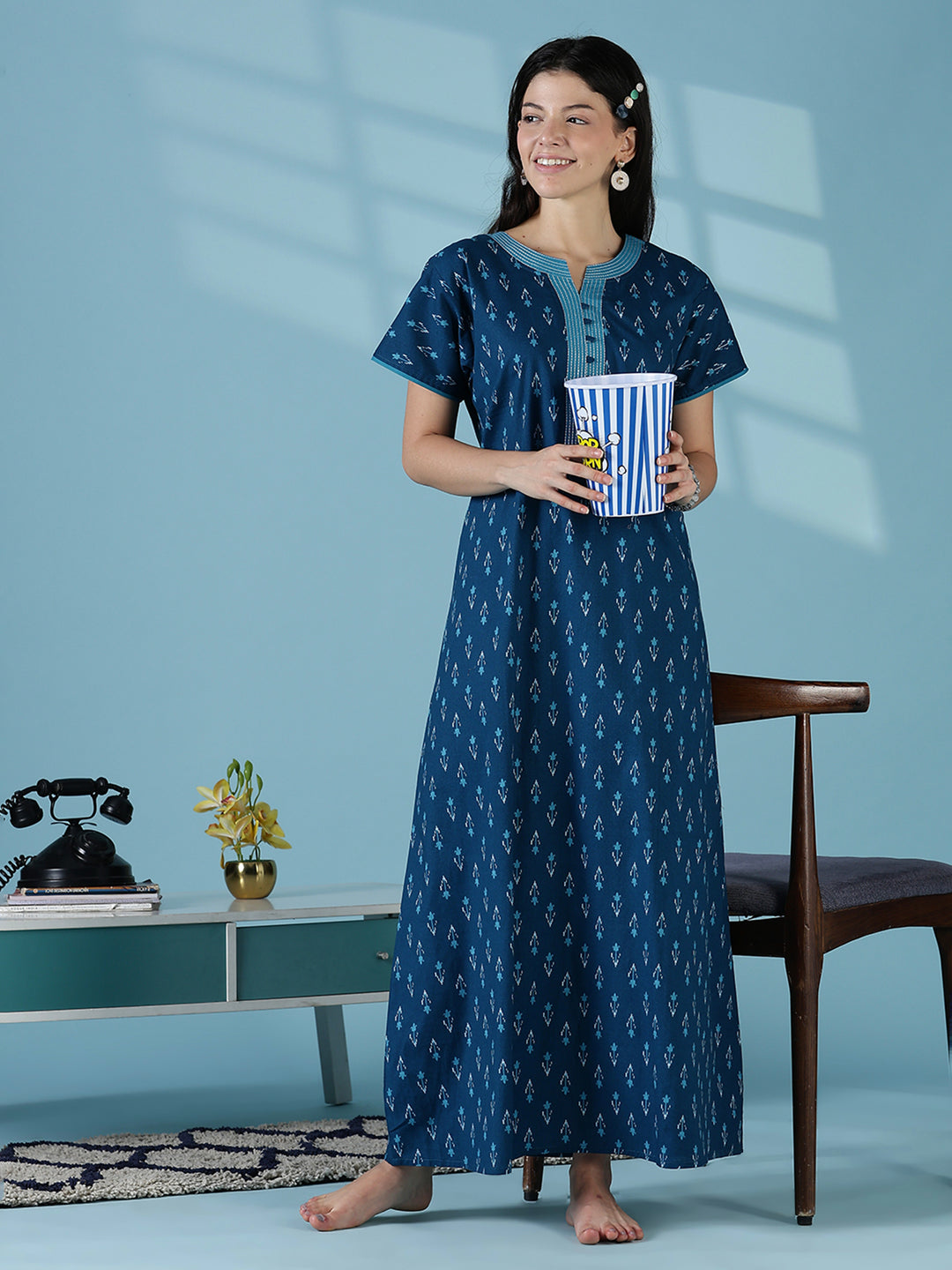 Ikat print a line relaxed fit cotton nighty dress for women