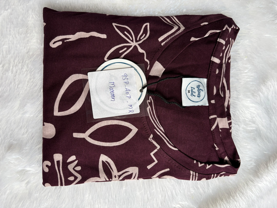 Maroon Abstract Print Hosiery Cotton Home Wear Nighty for Women