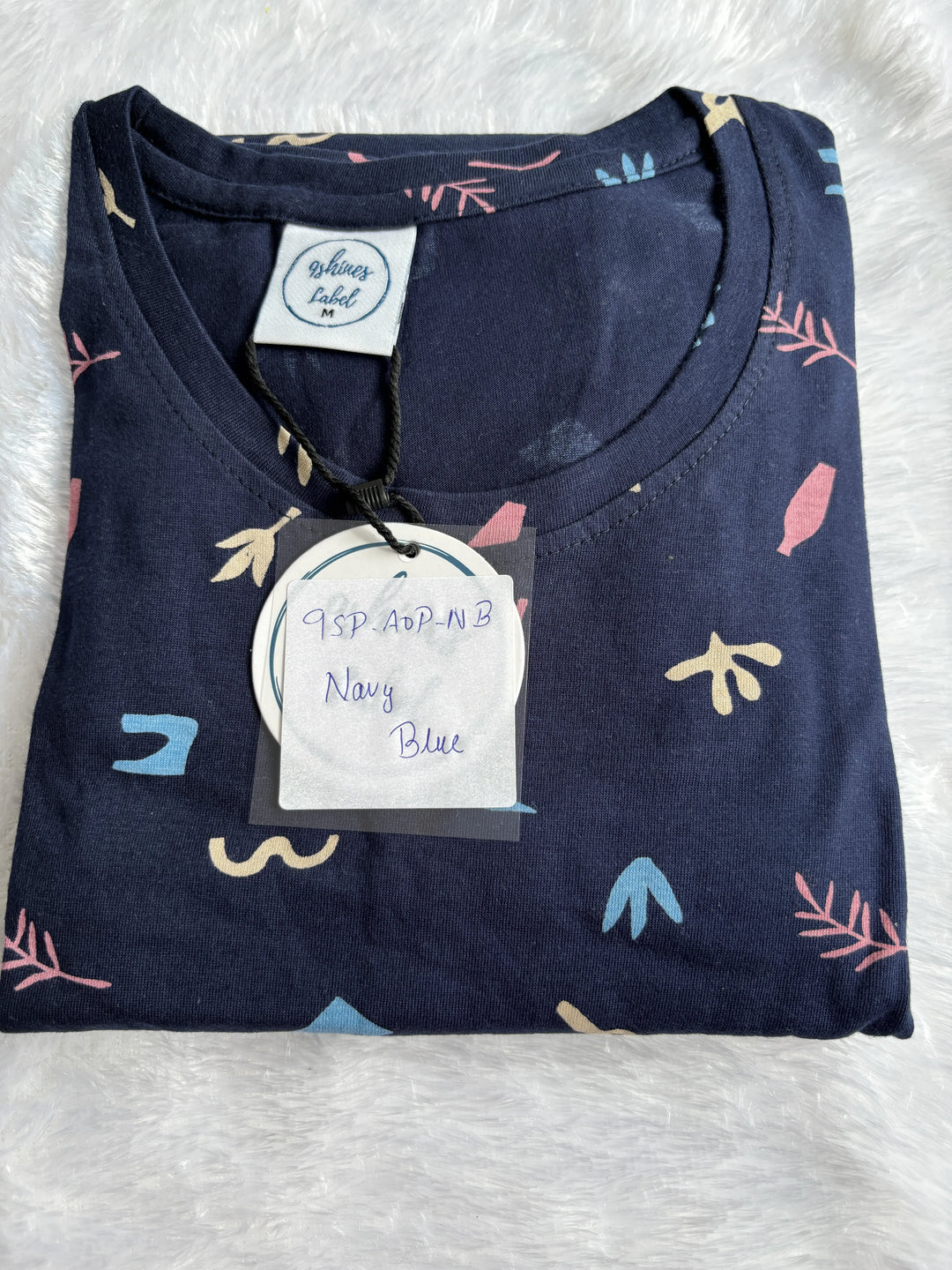 Navy Blue Long Polo Hosiery Cotton Abstract Print Short Nighty for Women